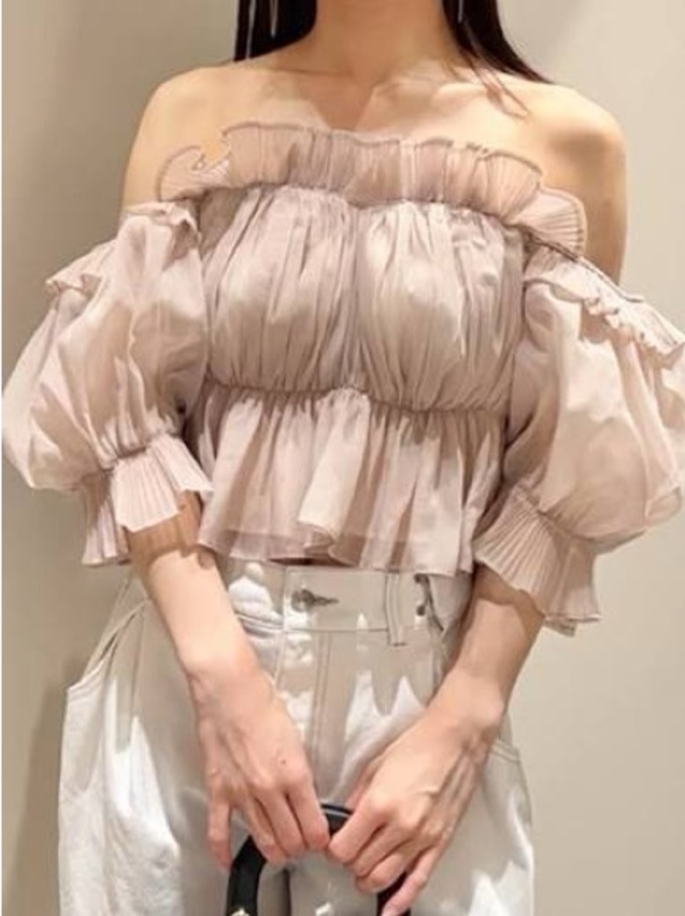 SNIDEL- Gathered Off-Shoulder Blouse Pink